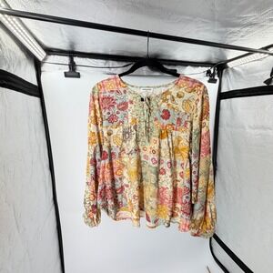 Mittoshop Patchwork Floral Boho Blouse M/L Pink Yellow Balloon Sleeve Tie‎ Neck